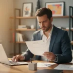 Entrepreneur assis à un bureau moderne avec des documents administratifs pour créer son entreprise