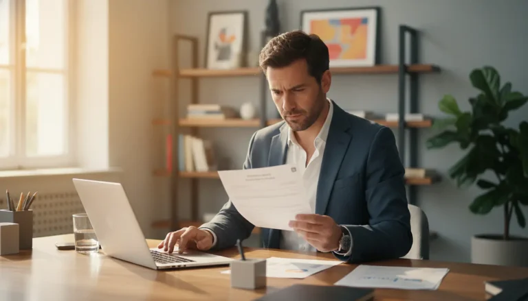 Entrepreneur assis à un bureau moderne avec des documents administratifs pour créer son entreprise