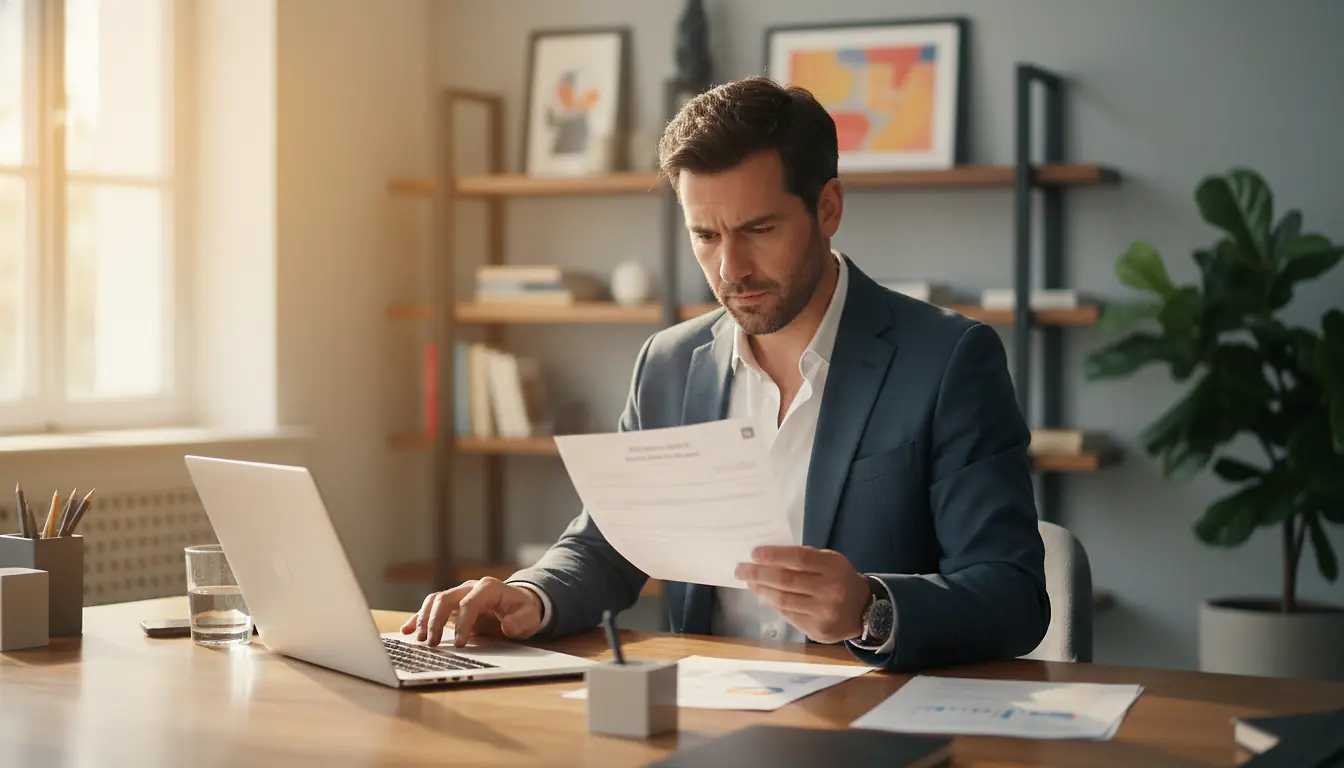 Entrepreneur assis à un bureau moderne avec des documents administratifs pour créer son entreprise