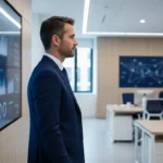 Cadre dirigeant analysant un tableau de bord de projet numérique dans un bureau moderne