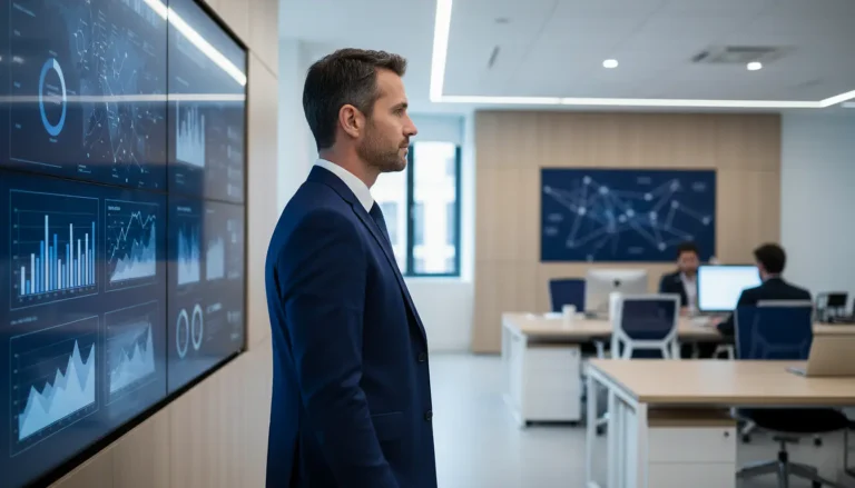 Cadre dirigeant analysant un tableau de bord de projet numérique dans un bureau moderne