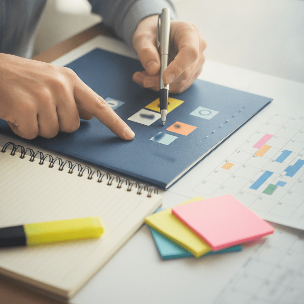 Mains pointant des options de reconversion professionnelle sur un document de parcours CEP avec carnet de notes