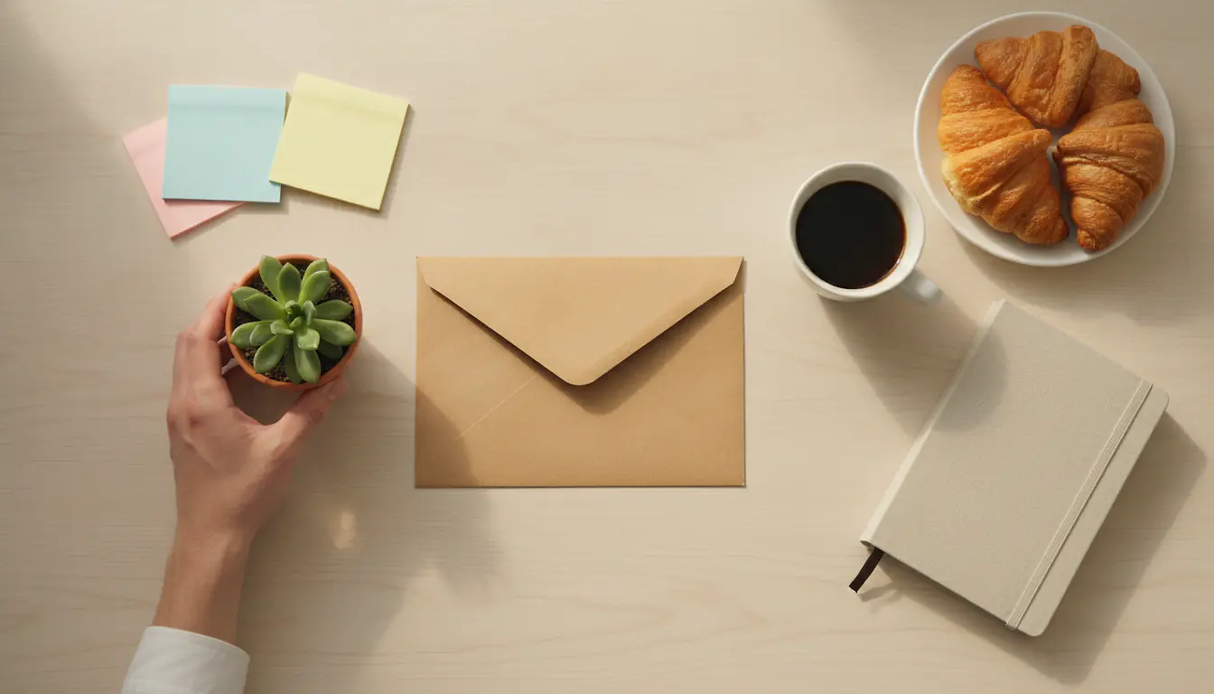 Enveloppe, café, croissants et plante posés sur un bureau pour remercier une équipe